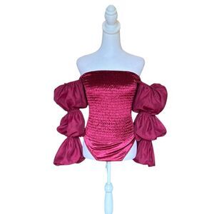 Off-Shoulder Smocked Puff Sleeve Top in Deep Fuchsia
